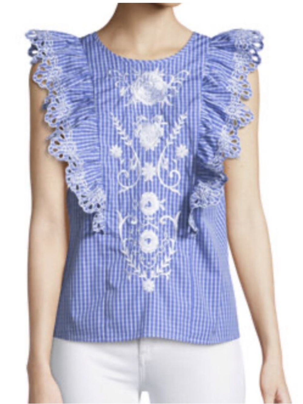 PARKER | sz M Women's Blue/White Embroidered Ruffle Shirt
